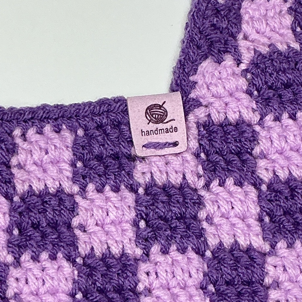 Handmade Amethyst & Soft Purple Checker Checkerboard Crochet Shoulder Tote Bag - Picture 6 of 16